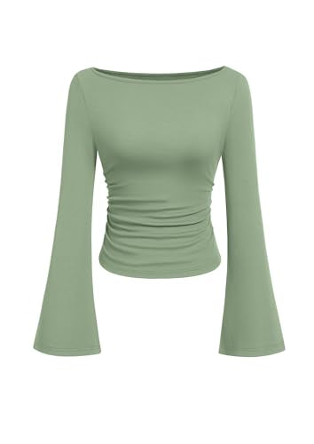 PRETTYGARDEN Womens Bell Long Sleeve Ribbed Knit Tops,Light Green,S
