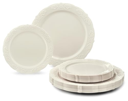 " OCCASIONS " 120 Plates Pack,(60 Guests) Vintage Wedding Party Disposable Plastic Plates Set -60x10.25'' Dinner+ 60x7.5'' Sa