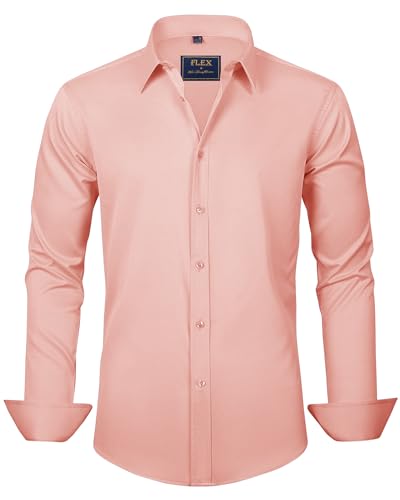 J.VER Men's Dress Shirts Solid Long Sleeve Stretch Wrinkle-Free Formal Shirt Business Casual Button Down Shirts Coral Small