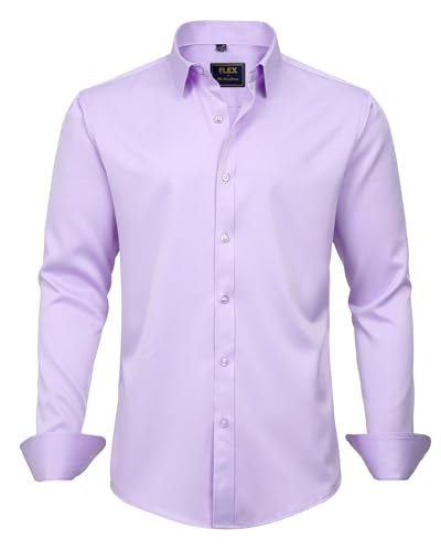 J.VER Men's Dress Shirts Solid Long Sleeve Stretch Wrinkle-Free Formal Shirt Business Casual Button Down Shirts Lavender Larg