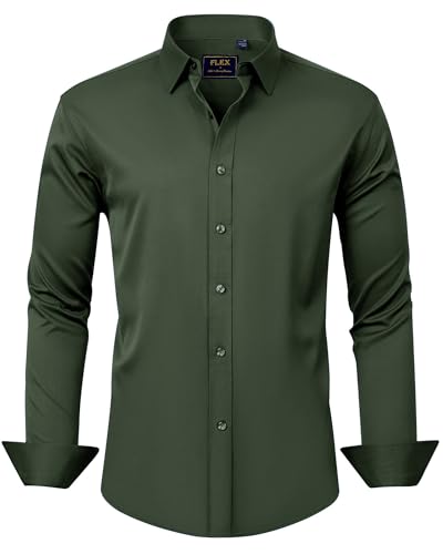 J.VER Men's Dress Shirts Solid Long Sleeve Stretch Wrinkle-Free Formal Shirt Business Casual Button Down Shirts Army Green La