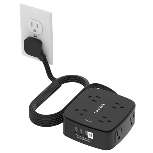 10 Ft Surge Protector Power Strip - YISHU 8 Widely Outlets with 4 USB Ports, 3 Side Outlet Extender with 10 Feet Flat Extensi