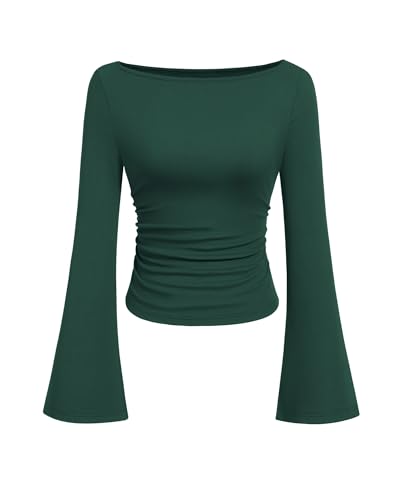 PRETTYGARDEN Womens Bell Long Sleeve Ribbed Knit Tops,Dark Green,XL