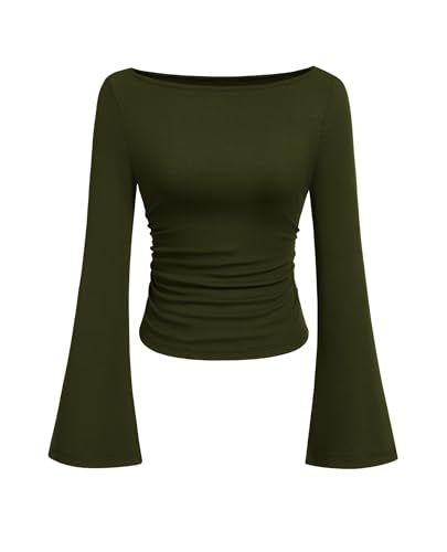 PRETTYGARDEN Womens Bell Long Sleeve Ribbed Knit Tops,Army Green,L