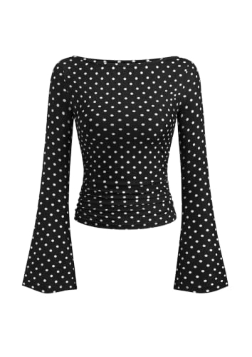 PRETTYGARDEN Womens Bell Long Sleeve Ribbed Knit Tops,Dot Black White,M