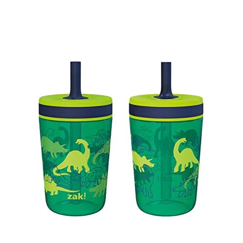 Zak Designs Kelso 15 oz Tumbler Set, (Dino Camo) Leak-Proof Screw-On Lid with Straw Made of Durable Plastic and Silicone, Per