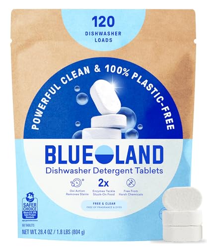 BLUELAND 100% Plastic-Free Dishwasher Detergent Tablets 120ct Free & Clear