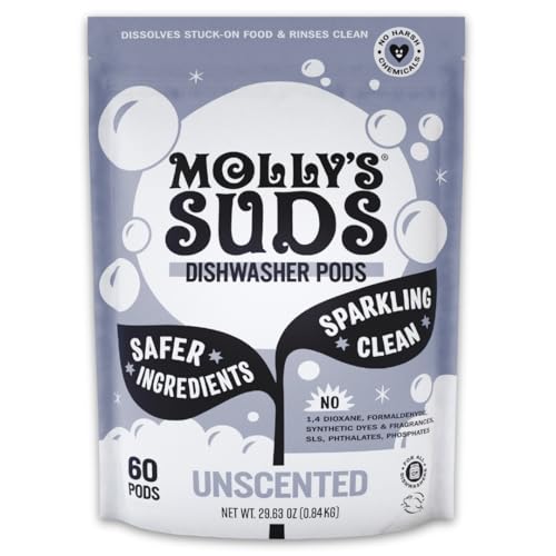 Molly's Suds Dishwasher Pods | Clean Dishwasher Detergent, Cuts Grease & Rinses Clean (Residue-Free) for Sparkling Dishes | 6