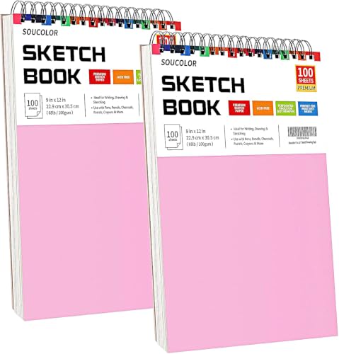 Sketchbook for Girls 9x12, 2 Pack Cute Pink Sketch Book for Teen Girls