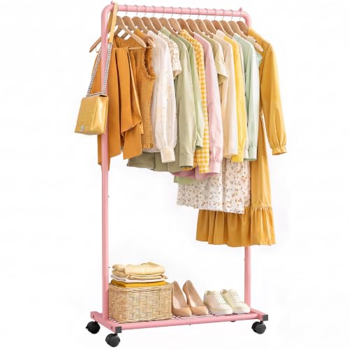 Sakugi Clothes Rack - Clothing Rack with Storage Mesh Shelf & Casters, Heavy-Duty Metal Clothing Rack for Hanging Clothes, Dr