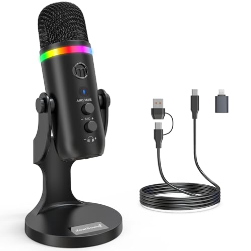 ZealSound Podcast Microphone for PC, USB Mic with Noise Reduction, Tap-to-Mute, Gain & Echo Controls, Zero-Latency Monitoring