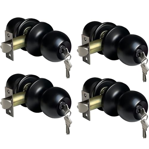 BESTTEN 4 Pack Door Knob with Lock and Key, Keyed Different, Matte Black