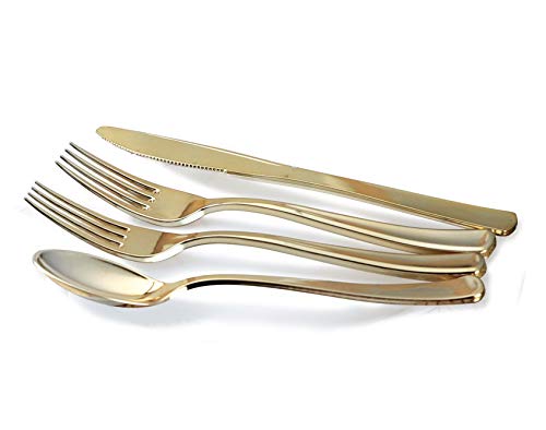 " OCCASIONS " 240 piece Heavyweight Wedding Plastic Silverware (60 knives, 60 spoons, 120 forks, Gold Coated)