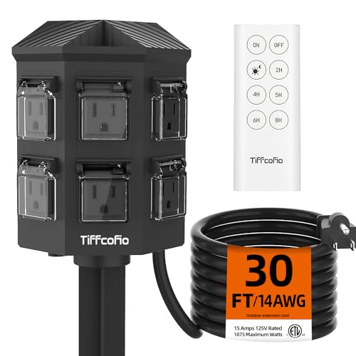Outdoor Power Strip with 30 FT Extension Cord, 100FT Remote Control, Dusk to Dawn Light Timer Waterproof, 6 Grounded Outlets 