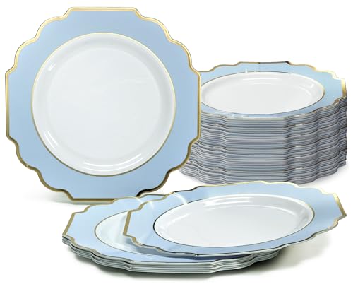 " OCCASIONS " 40 Plates Pack, Heavyweight Disposable Wedding Party Plastic Plates (10.5'' Dinner Plate, Imperial in White/Blu