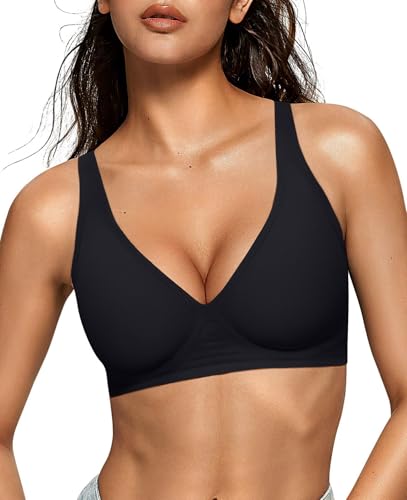OEAK Womens Jelly Bras Wireless Deep V Comfy Push Up Tshirt Bras BLK 3XL+