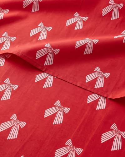 Christmas Sheet Set, Red Ribbon Bows, Holiday Xmas Bedding Set - Twin Size