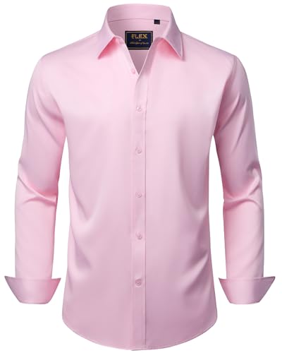 J.VER Men's Dress Shirts Solid Long Sleeve Stretch Wrinkle-Free Formal Shirt Business Casual Button Down Shirts Pink XL Tall