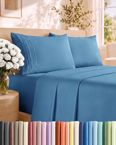 King Size 4 Piece Sheet Set - Breathable & Cooling Sheets - Denim Blue