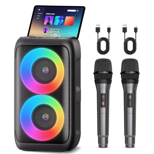Bluetooth Speaker with 2 Wireless Microphones - Big Party Speaker for Adults Kids Karaoke with Lights - Portable Rechargeable