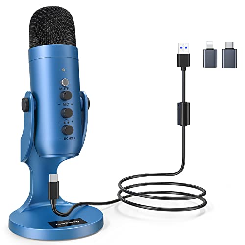 ZealSound Podcast Microphone for PC, Noise Cancellation USB Mic with Gain, Volume Adjustment & Mute Button, Monitoring & Echo