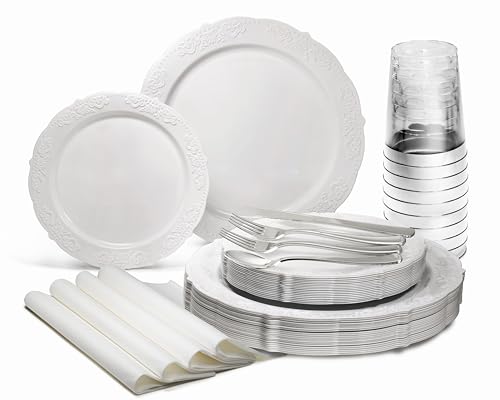 " OCCASIONS " 200 Piece set (25 Guests)-Vintage Wedding Party Disposable Plastic Plates & cutlery -25 x 10'' + 25 x 7.5'' + S