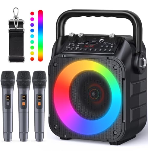 CYY Karaoke Machine, 3 Wireless Microphones, Bluetooth Speaker with Lights