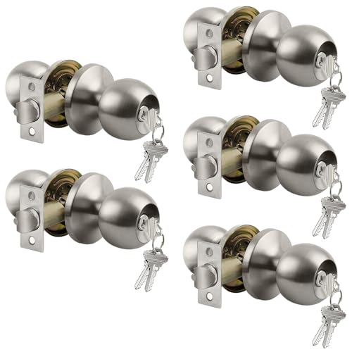BESTTEN 5 Pack Door Knob with Lock and Key, Keyed Different, Satin Nickel
