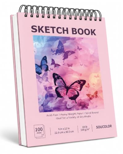 Soucolor Sketch Book 9" x 12" for Teen Girls, Cute Pink Sketchbook