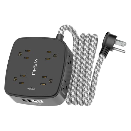 Surge Protector Power Strip - YISHU 8 Outlets with 4 USB (2 USB C) Charging Ports, 6Ft Braided Extension Cord, Flat Plug Mult