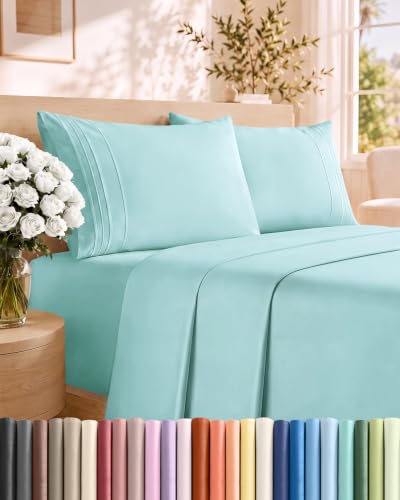 Queen Size 4 Piece Sheet Set - Comfy Breathable & Cooling Sheets - Spa Blue