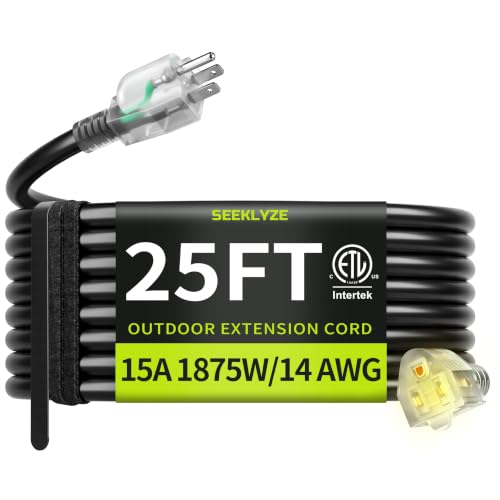 Seeklyze 14AWG 25FT Outdoor Extension Cord, Heavy Duty with Lighted End