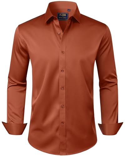 J.VER Men's Dress Shirts Solid Long Sleeve Stretch Wrinkle-Free Formal Shirt Business Casual Button Down Shirts Burnt Orange 