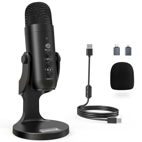 ZealSound Podcast Microphone for PC, Noise Cancellation USB Mic with Gain, Volume Adjustment & Mute Button, Monitoring & Echo