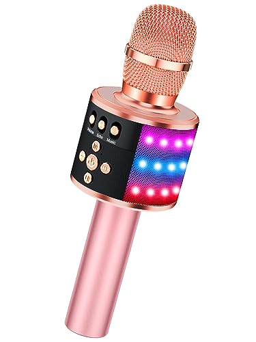 BONAOK Rose Gold Karaoke Microphone for Kids & Adults, Bluetooth Singing Mic with Disco Lights & Echo Effect, Built-in Batter