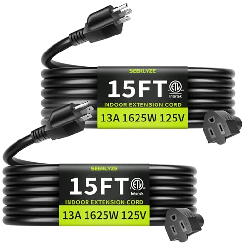 Seeklyze 16/3 Black 15 FT (2Pack) Extension Cord Indoor for Appliances