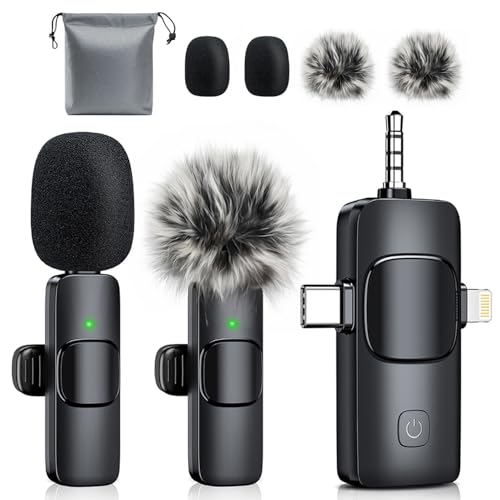 MENERESAS 3-in-1 Mini Microphone for iPhone: Wireless Lavalier Microphones for iOS/Android Devices/Camera - Noise Reduction L