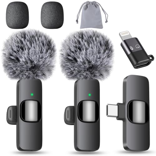 MAYBESTA Wireless Lavalier Microphone for iPhone & Android Phone - Lapel Mini Microphones for Audio Video Recording - 2 Clip 
