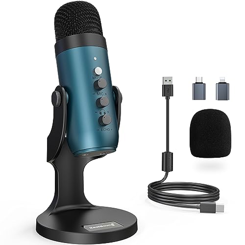 ZealSound Podcast Microphone for PC, Noise Cancellation USB Mic with Gain, Volume Adjustment & Mute Button, Monitoring & Echo