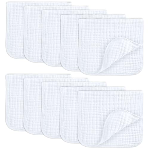 Comfy Cubs Muslin Burp Cloths 20x10" 10 Pack, Baby Burp Cloths - White