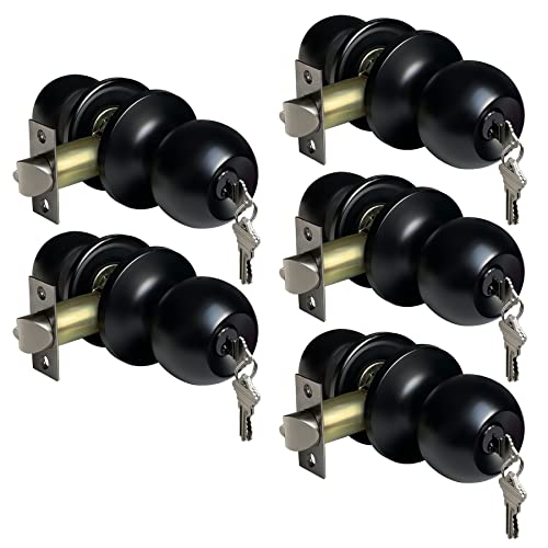 BESTTEN 5 Pack Door Knob with Lock and Key, Keyed Different, Matte Black