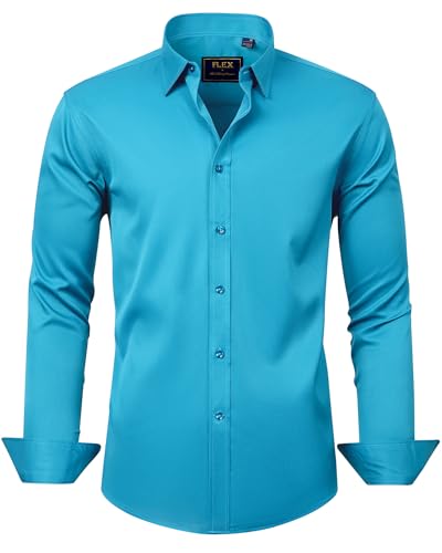 J.VER Men's Dress Shirts Solid Long Sleeve Stretch Wrinkle-Free Formal Shirt Business Casual Button Down Shirts Deep Sea XL