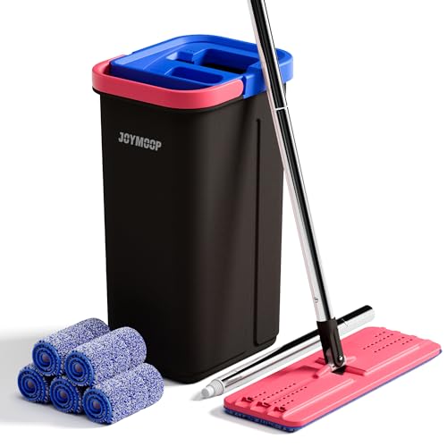 JOYMOOP Flat Mop System, Microfiber Mop and Bucket Set, Black, Floor & Wall Cleaning Mop for Home & Commercial Use, 60" Long 