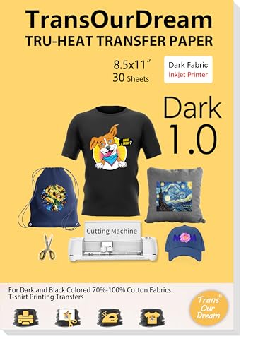 TransOurDream Heat Transfer Paper for Dark Fabric (30 Sheets, 8.5x11),Printable Heat Transfer Vinyl for T-Shirts Iron on Tran