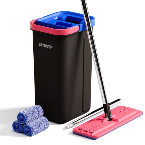 JOYMOOP Flat Mop System, Microfiber Mop and Bucket Set, Black, Household & Commercial Floor Cleaning System for Hardwood, Til
