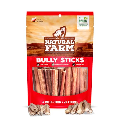 Natural Farm Odor-Free Thin Bully Sticks (4”, 24-Pack) All-Natural Long-Lasting Dog Chews, 100% Beef Pizzle, Grass-Fed, Grain