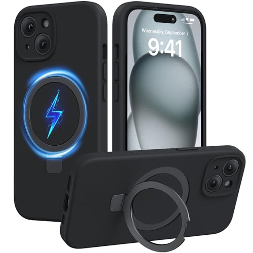 Miracase Silicone & Magnetic for iPhone 15 Case with Stand, Midnight Black