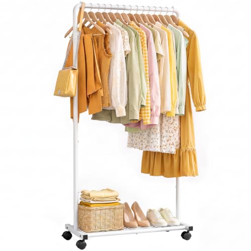 Sakugi Clothes Rack - Clothing Rack with Storage Mesh Shelf & Casters, Heavy-Duty Metal Clothing Rack for Hanging Clothes, Dr