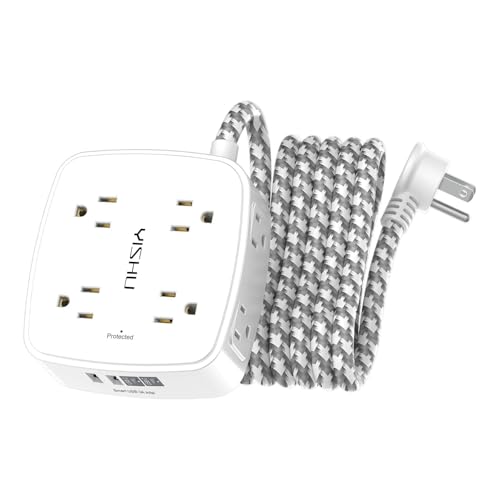 Surge Protector Power Strip - YISHU 8 Outlets with 4 USB (2 USB C) Charging Ports, 10Ft Braided Extension Cord, Flat Plug Mul