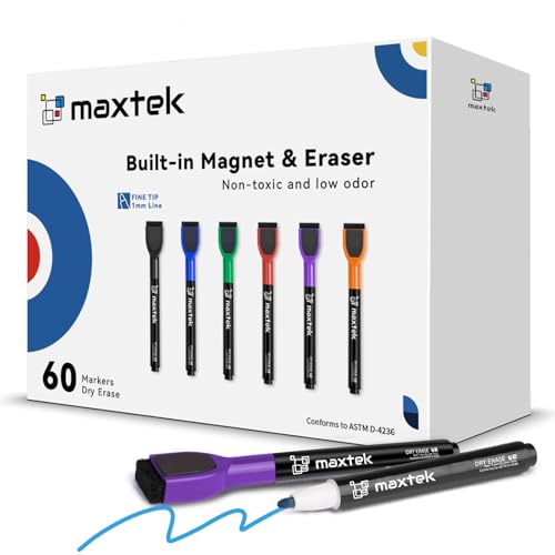maxtek Magnetic Dry Erase Markers, Fine Tip, 6 Colors, 60 Count